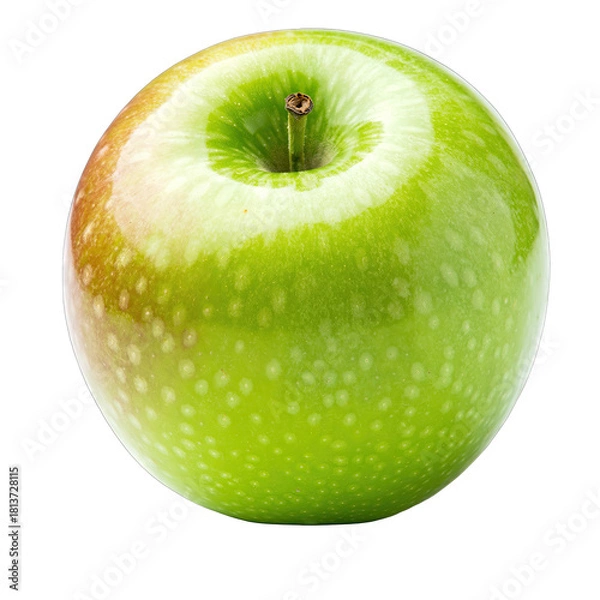 Fototapeta A Single Green Apple With a Leaf and Stem Isolated on a Transparent Background With Soft Studio Lighting Highlighting Its Vibrant Color and Texture
