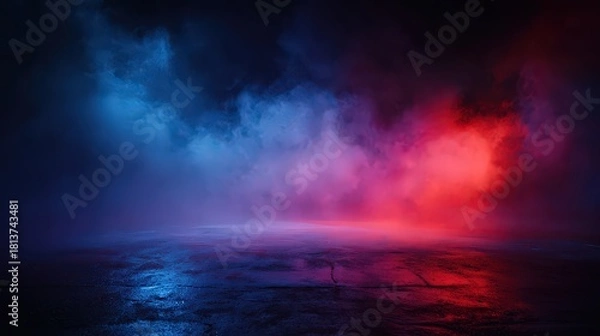Fototapeta Eerie Stage with Blue and Red Fog on Wet Floor Dark Background with Mist and Cinematic Atmosphere
