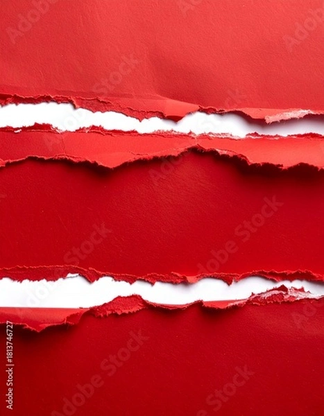 Fototapeta Red torn paper strips revealing white background, abstract texture.