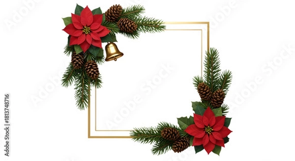 Fototapeta Elegant christmas frame with poinsettias pine cones and golden accents on black