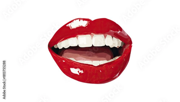 Fototapeta Open red lips with white teeth, reflecting light on black background