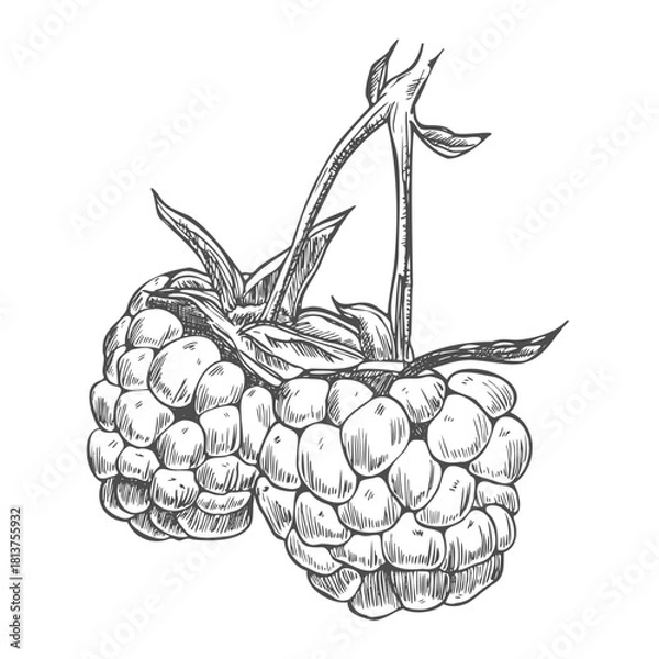 Fototapeta Raspberry branch, hand drawn black and white graphic vector illustration. Isolated on a white background.