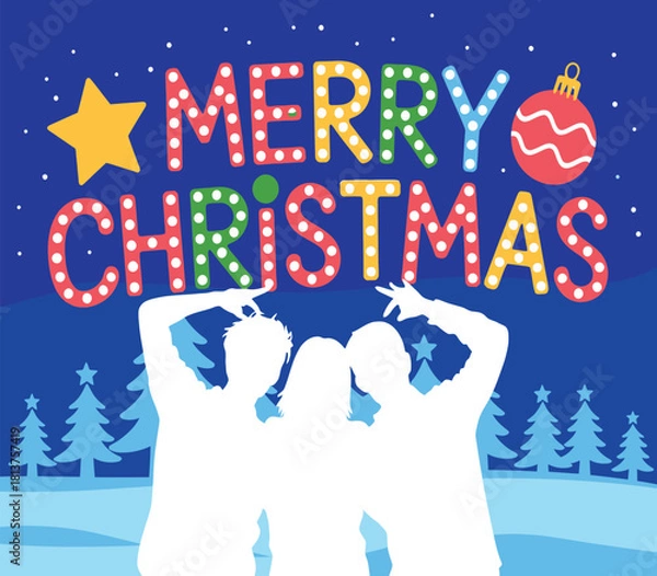 Obraz Friends celebrating christmas together under a festive sign with snowy trees and stars