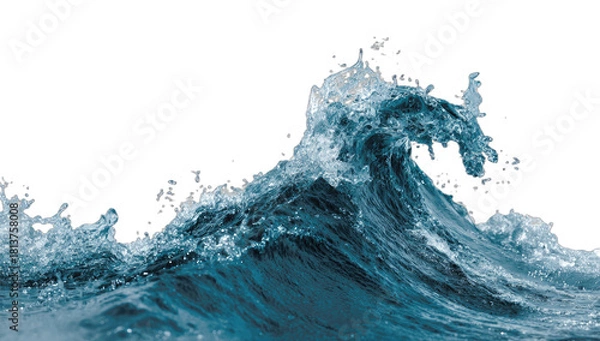 Fototapeta A powerful ocean wave crests, with white foam and spray against a dark background