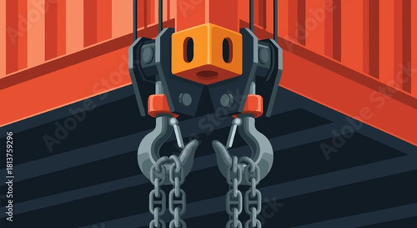 Obraz Close-up illustration of a heavy-duty industrial crane hook block with two hooks and chains, against a background of orange and dark grey structures.