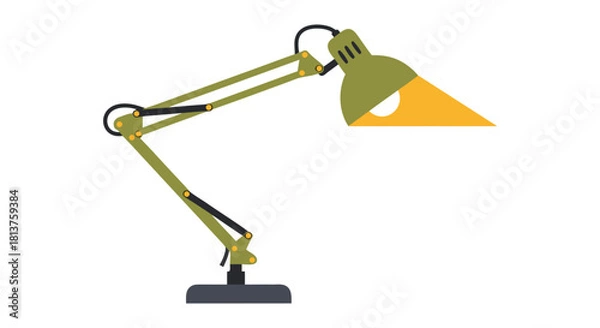 Fototapeta A classic green adjustable architect desk lamp shining a warm light, isolated on a white background.