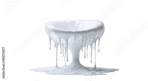 Fototapeta White viscous liquid dripping from a chalice-shaped container onto a surface