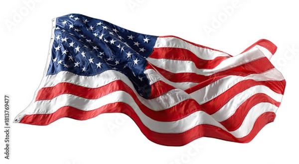 Fototapeta A waving American flag against a transparent background, stars and stripes flowing