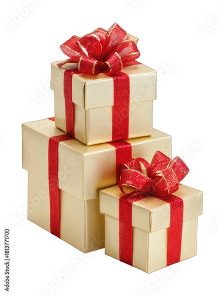 Fototapeta Stacked golden boxes adorned with red ribbons and bows