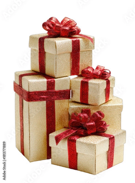 Fototapeta Stacked festive boxes adorned with shimmering ribbons and bows