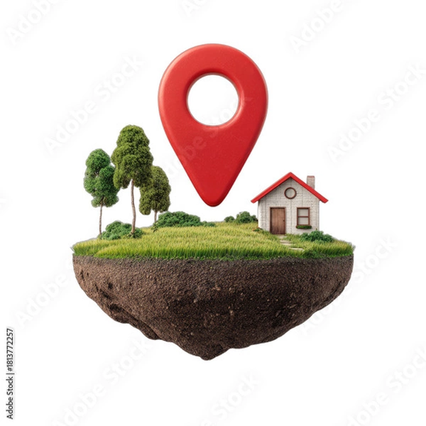Fototapeta Floating island with a house, trees, and a large red location marker