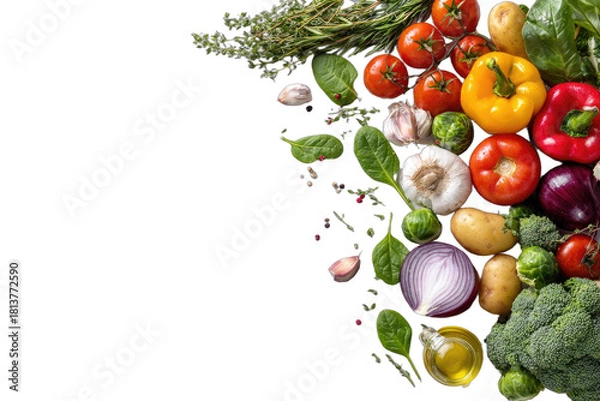 Fototapeta An assortment of fresh, colorful, raw vegetables artfully arranged on a black background