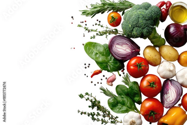Fototapeta Assortment of fresh, colorful vegetables and herbs arranged on a dark background