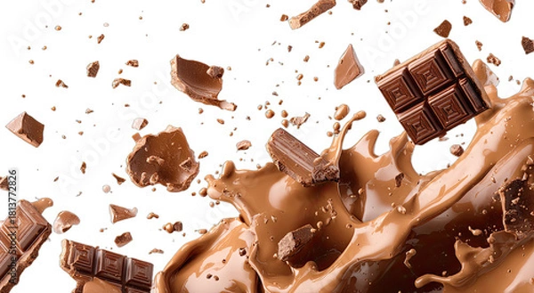 Fototapeta Smooth milk chocolate melting and splashing with broken pieces