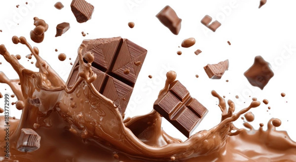 Fototapeta Chunks of chocolate erupting in a liquid chocolate splash