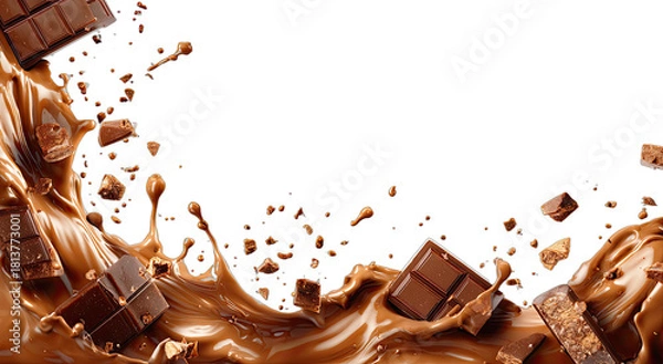 Fototapeta Liquid chocolate splashes over broken chocolate bars and crumbs