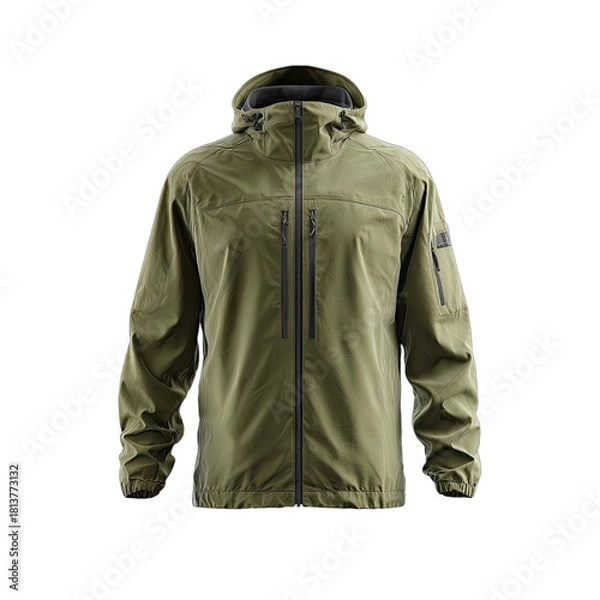 Fototapeta A green tactical hooded jacket with zippered pockets and adjustable hood