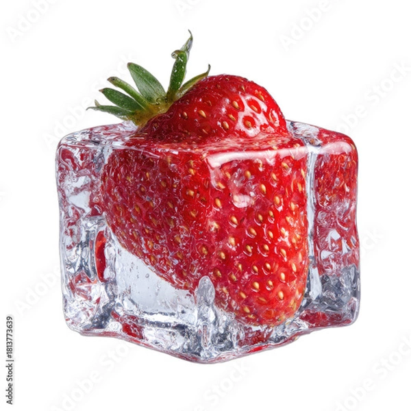 Fototapeta A vibrant red strawberry rests inside a clear ice cube against a black background