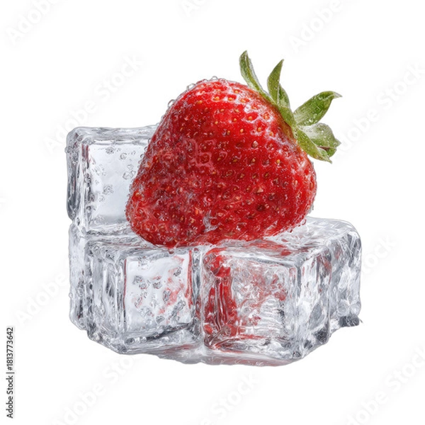 Fototapeta Ripe, red berry rests atop translucent, frosty cubes