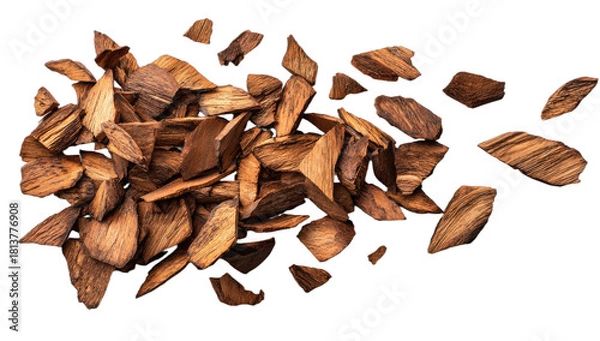 Obraz A pile of dark brown wood chips, some scattered, viewed from above on black