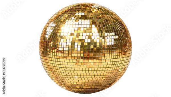 Fototapeta Golden, sphere-shaped object, reflective surface, covered with small, square mirror tiles on black background