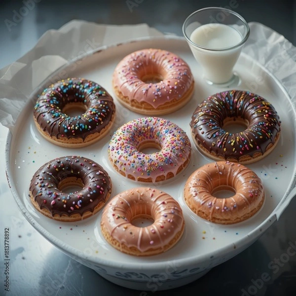 Fototapeta Plate of assorted donuts with glass of milk in funny cartoon breakfast character style