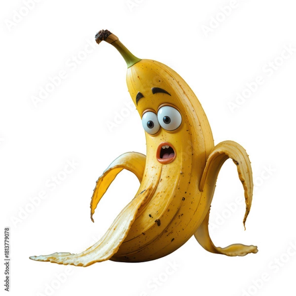 Fototapeta Banana with surprised face and peeled arms in funny cartoon fruit character style