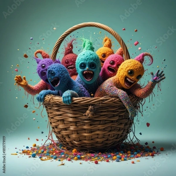 Fototapeta Cute colorful cartoon creatures sitting together in a wicker basket with playful smiles