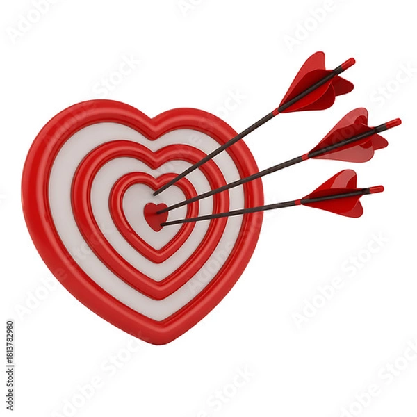 Obraz Red and white heart shaped target with three arrows piercing the bullseye isolated on transparent background