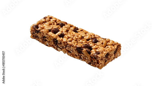 Obraz A delicious chewy granola bar with visible chocolate chips and nuts, isolated on black