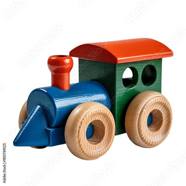 Fototapeta Colorful wooden toy train with red orange roof and blue engine isolated on transparent background