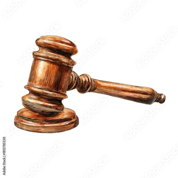 Obraz A wooden judge's gavel with a dark brown handle and head, isolated against black