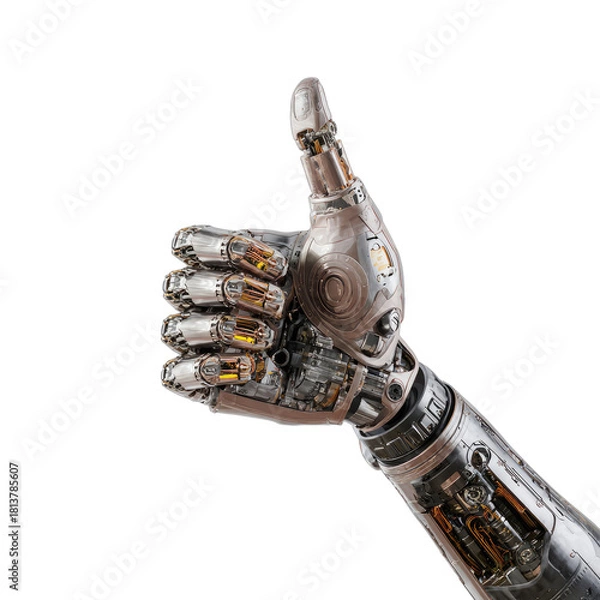 Obraz Realistic metallic robotic hand giving a positive thumbs-up gesture