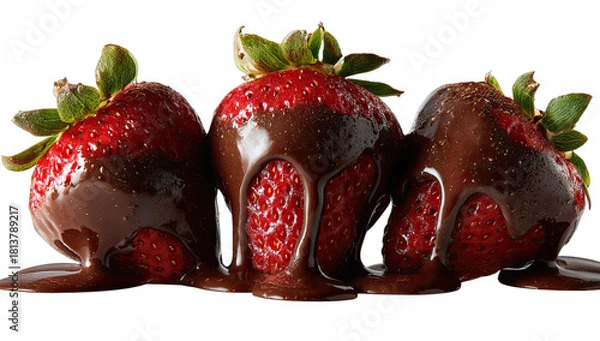 Obraz Three ripe red strawberries covered in rich melted chocolate sauce on black