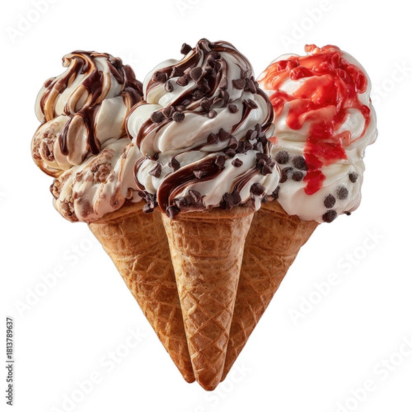 Obraz Three waffle cones filled with swirled ice cream, various toppings, black background