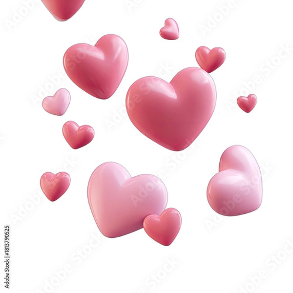 Fototapeta A scattering of glossy pink hearts floats in a void