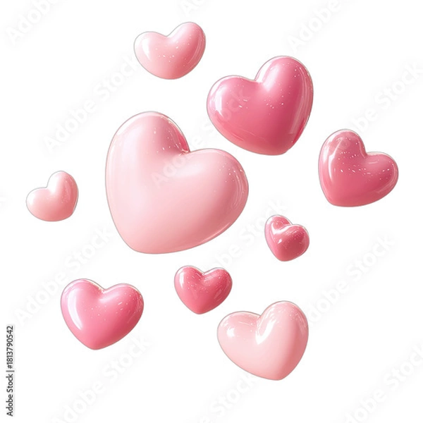 Fototapeta Collection of glossy pink heart shapes floating against a dark background