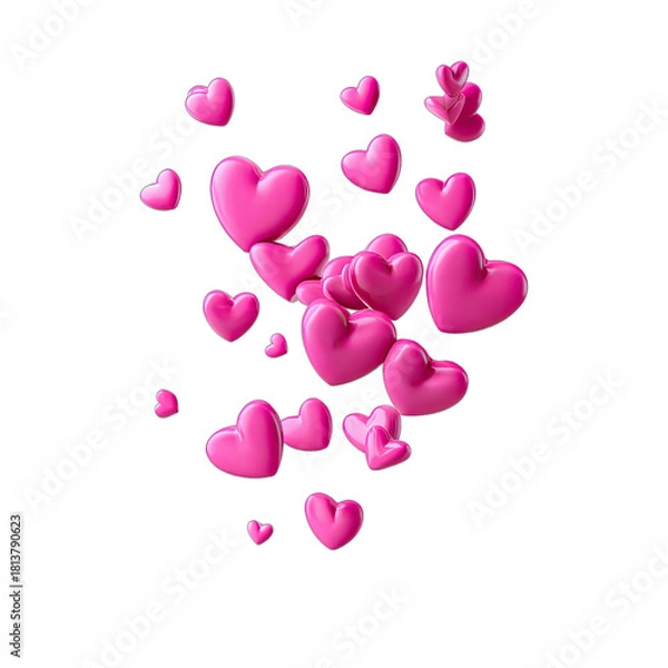 Fototapeta A cluster of shiny, glossy pink heart shapes on a black background