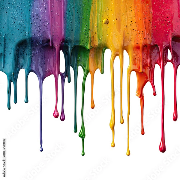 Fototapeta Colorful vertical streams of liquid paint flowing downward against a stark black background