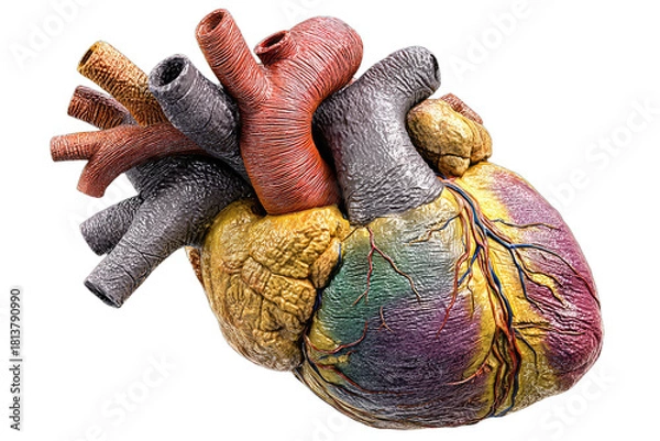 Fototapeta Detailed, colorful anatomical rendering of a human heart with arteries and veins