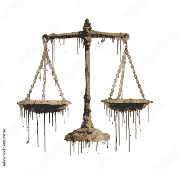 Fototapeta Artistic depiction of the scales of justice with aged, dripping water effects against a black backdrop