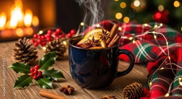 Fototapeta Cozy Christmas mulled wine with spices by the fireplace and Christmas tree.