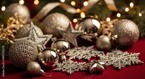 Fototapeta Golden Christmas ornaments and decor on a red surface.