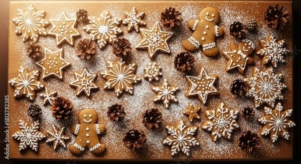 Fototapeta Christmas gingerbread cookies decorated with white icing and pine cones.