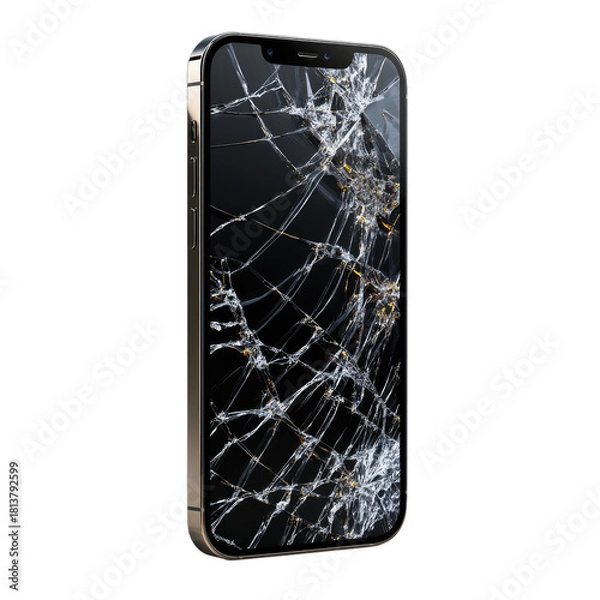 Fototapeta A cracked smartphone screen, rendered in close-up, isolated against a black backdrop