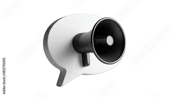 Fototapeta 3D rendered megaphone icon, protruding from a white chat bubble, on a black background