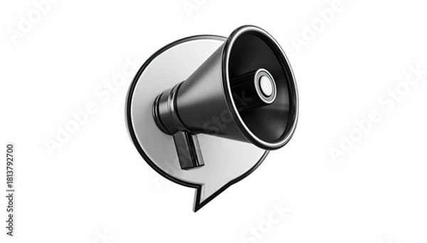 Fototapeta A 3D render of a black megaphone inside a white speech bubble on a black backdrop
