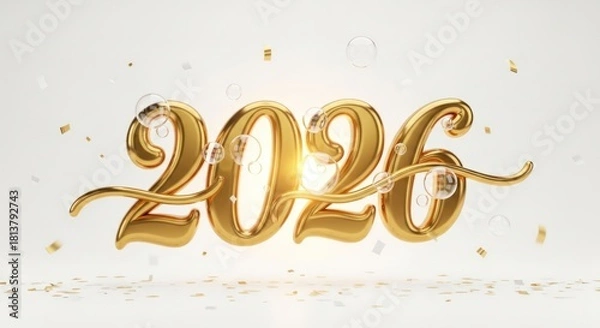 Fototapeta Golden 2026 text with confetti and bubbles on white background.