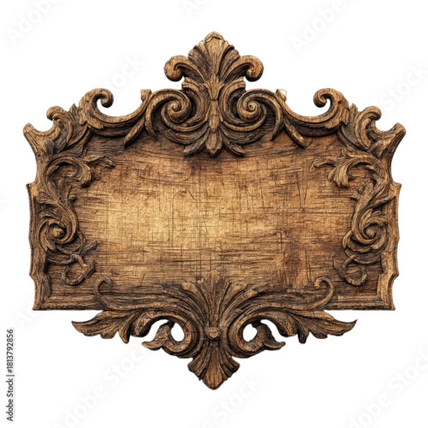 Fototapeta Ornate, weathered wooden sign with decorative scrollwork border