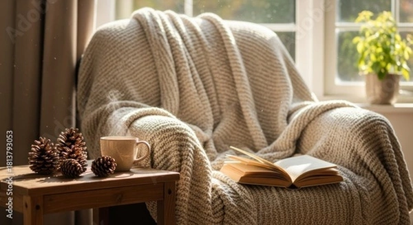 Fototapeta Cozy armchair with blanket, book, and warm drink by the window.